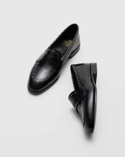 Onyx Met. - Polished Fumé Leather Loafer with Studs